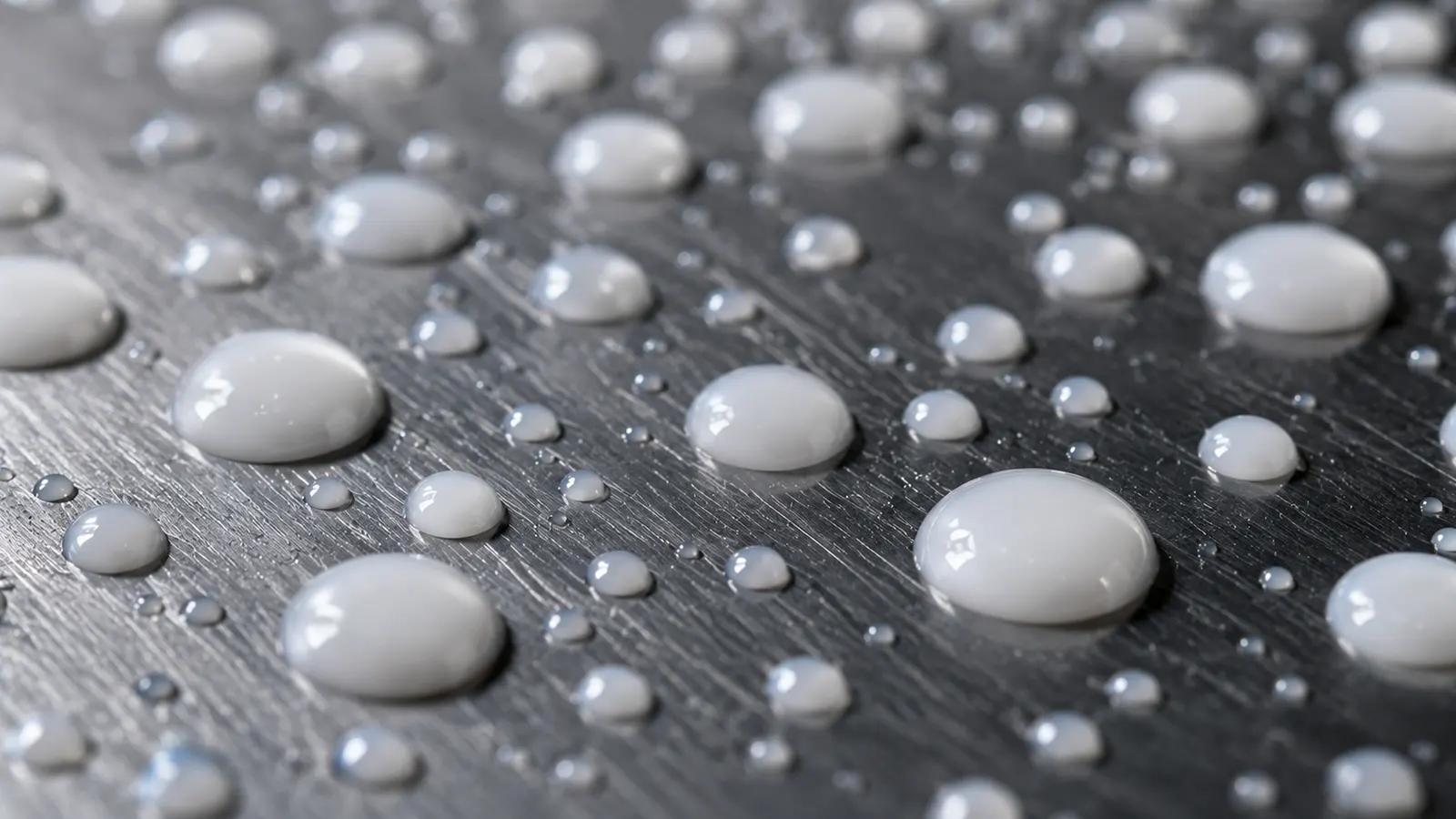 Gouttes d'émulsion laiteuse d'un agent de démoulage à base d'eau sur une surface métallique
