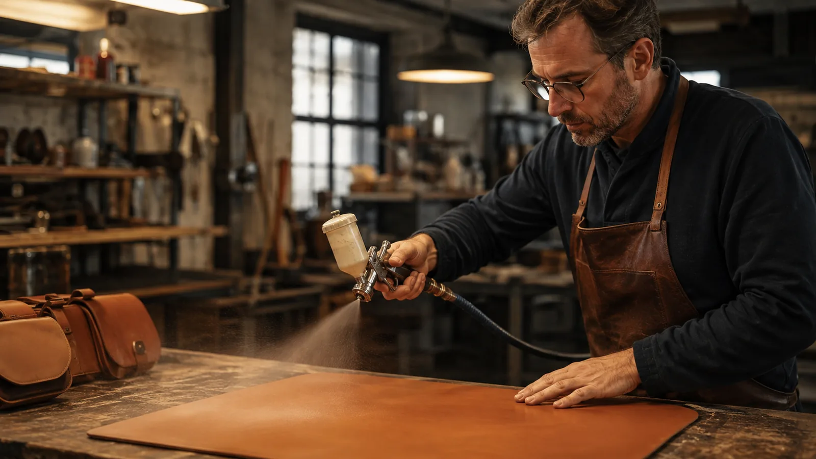 Application au pistolet de l'imperméabilisant cuir Protect & Care 4001 en atelier professionnel