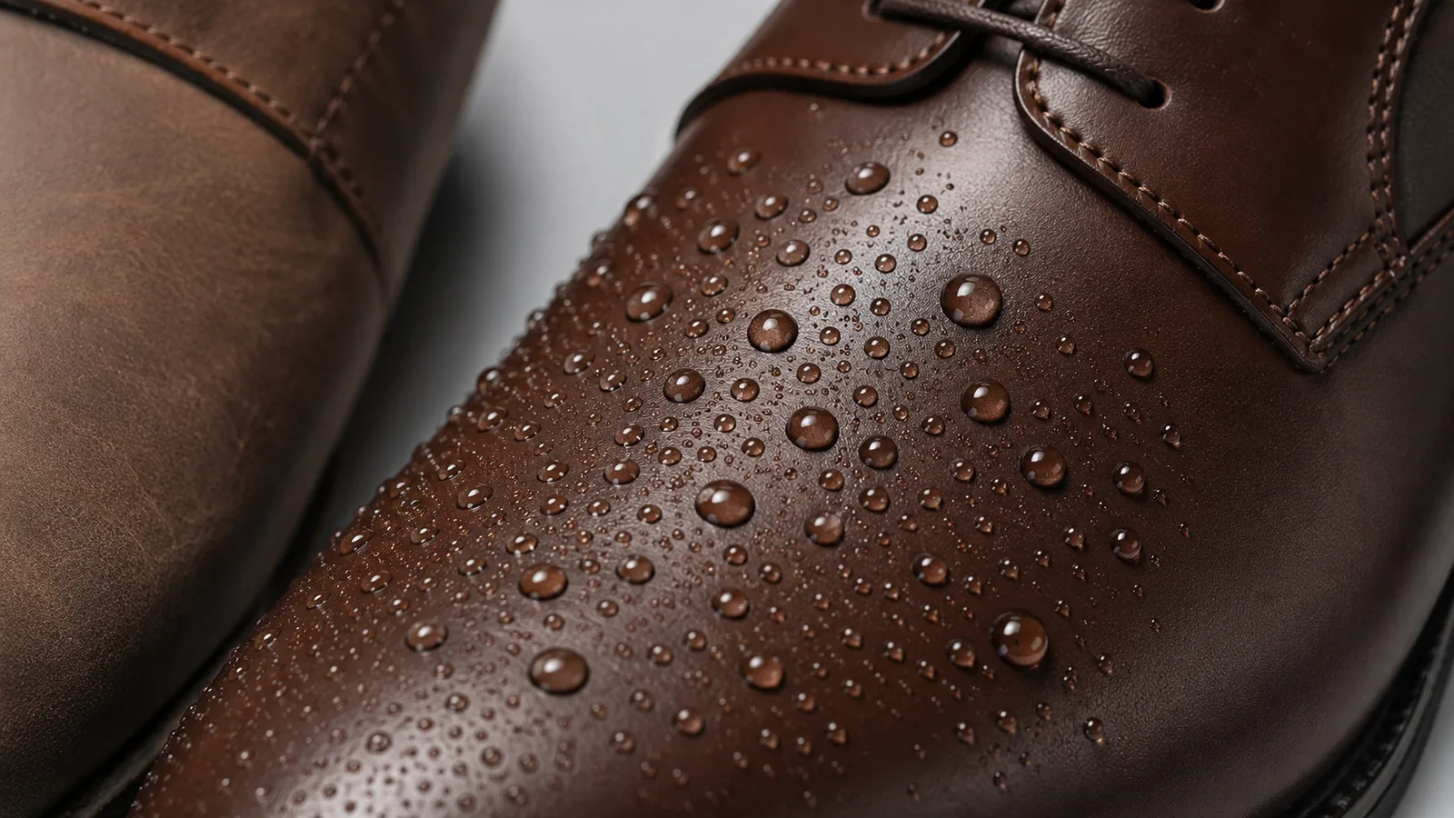 Chaussure en cuir lisse traitée avec l'imperméabilisant 4001 Keck Chimie, gouttes d'eau perlant en surface